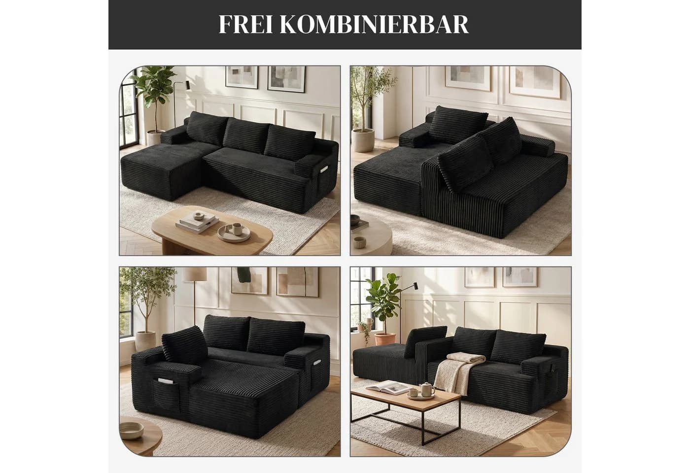 ANYSUN Ecksofa Schwarz Cord mit Liegefläche - Bild 3