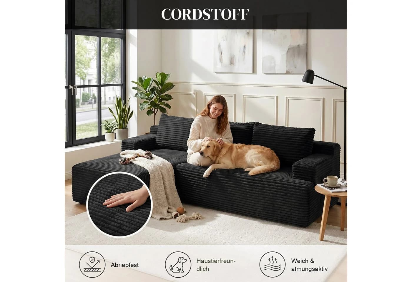 ANYSUN Ecksofa Schwarz Cord mit Liegefläche - Bild 5