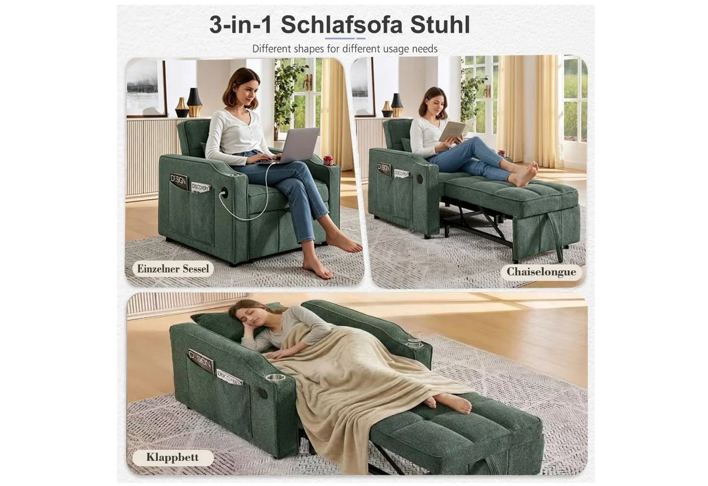ANYSUN Schlafsofa 3 in 1 Klappsessel mit USB/Type-C & 190 cm Liegefläche
