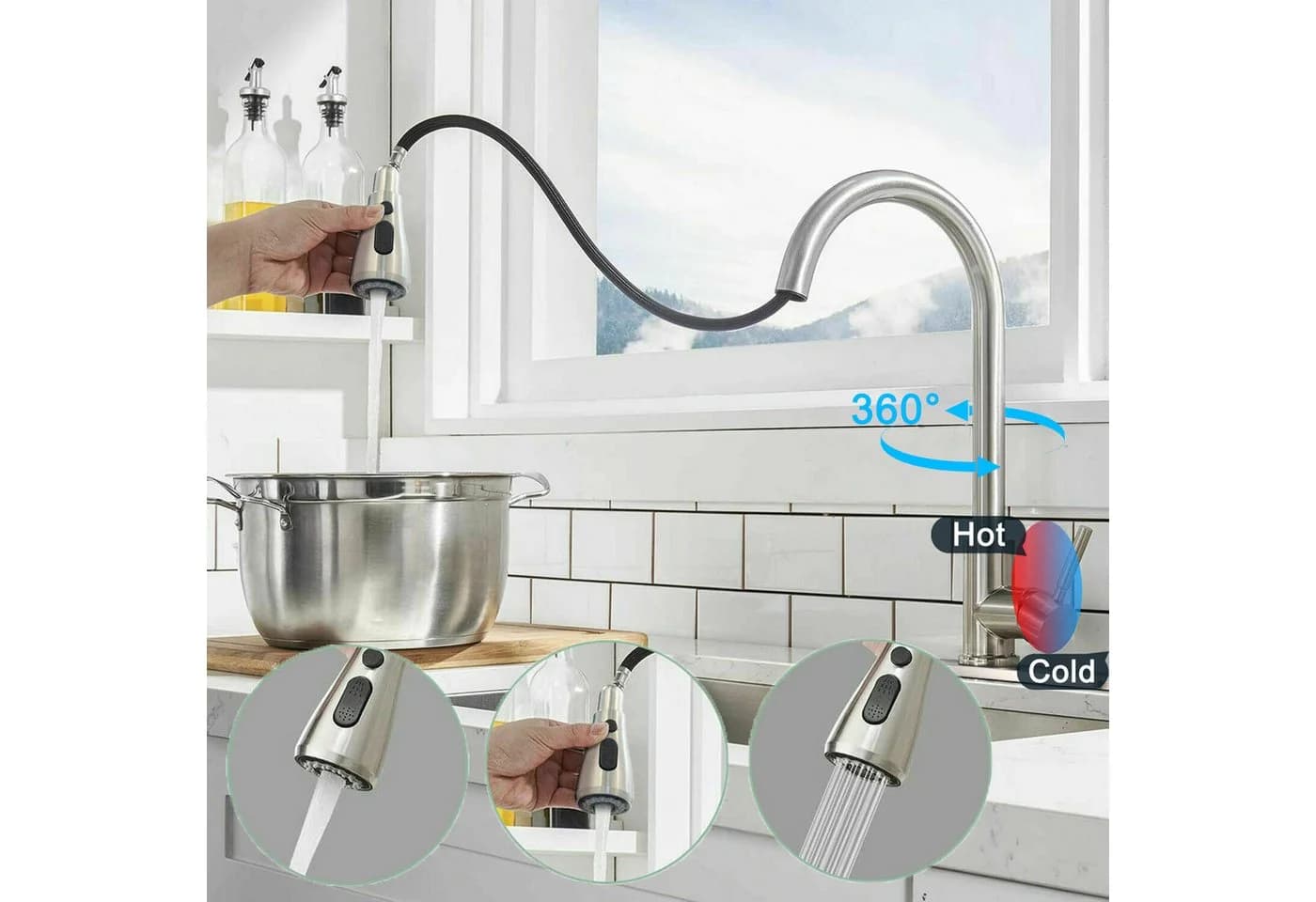 ibettertec Waschtischarmatur Wasserhahn Bad Schwarz, Ausziehbar, 2 Strahlarten, 360 Grad Drehbar - Bild 2