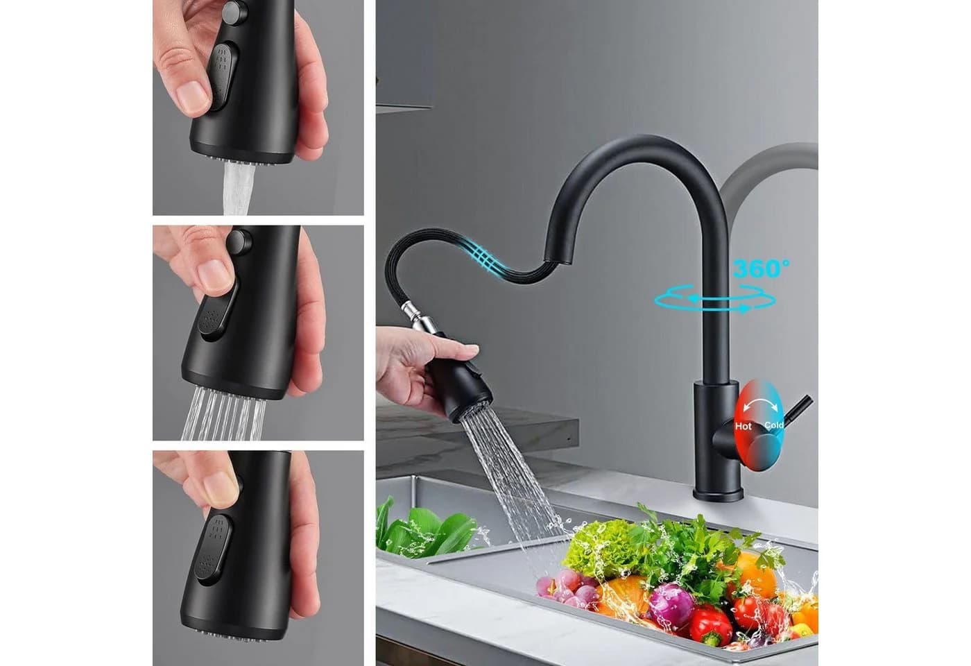 Forrlite Waschtischarmatur Schwarz Edelstahl 304 Ausziehbar - Bild 2
