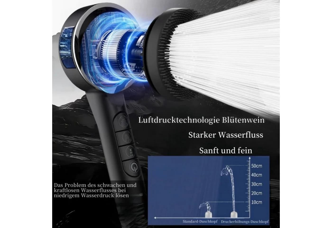 Forrlite Duschbrause Handbrause Duschkopf mit Hohem Druck 4 Strahlarten Ein-Knopf-Stopp Filtersystem Anti-Kalk-Düsen - Bild 4