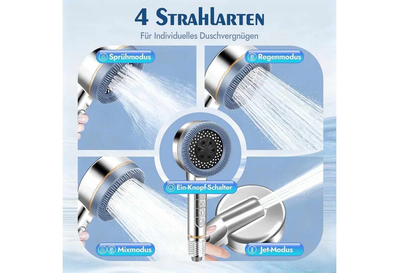 Fanttik Handbrause Hochdruck mit 4 Strahlarten Silber - Bild 3