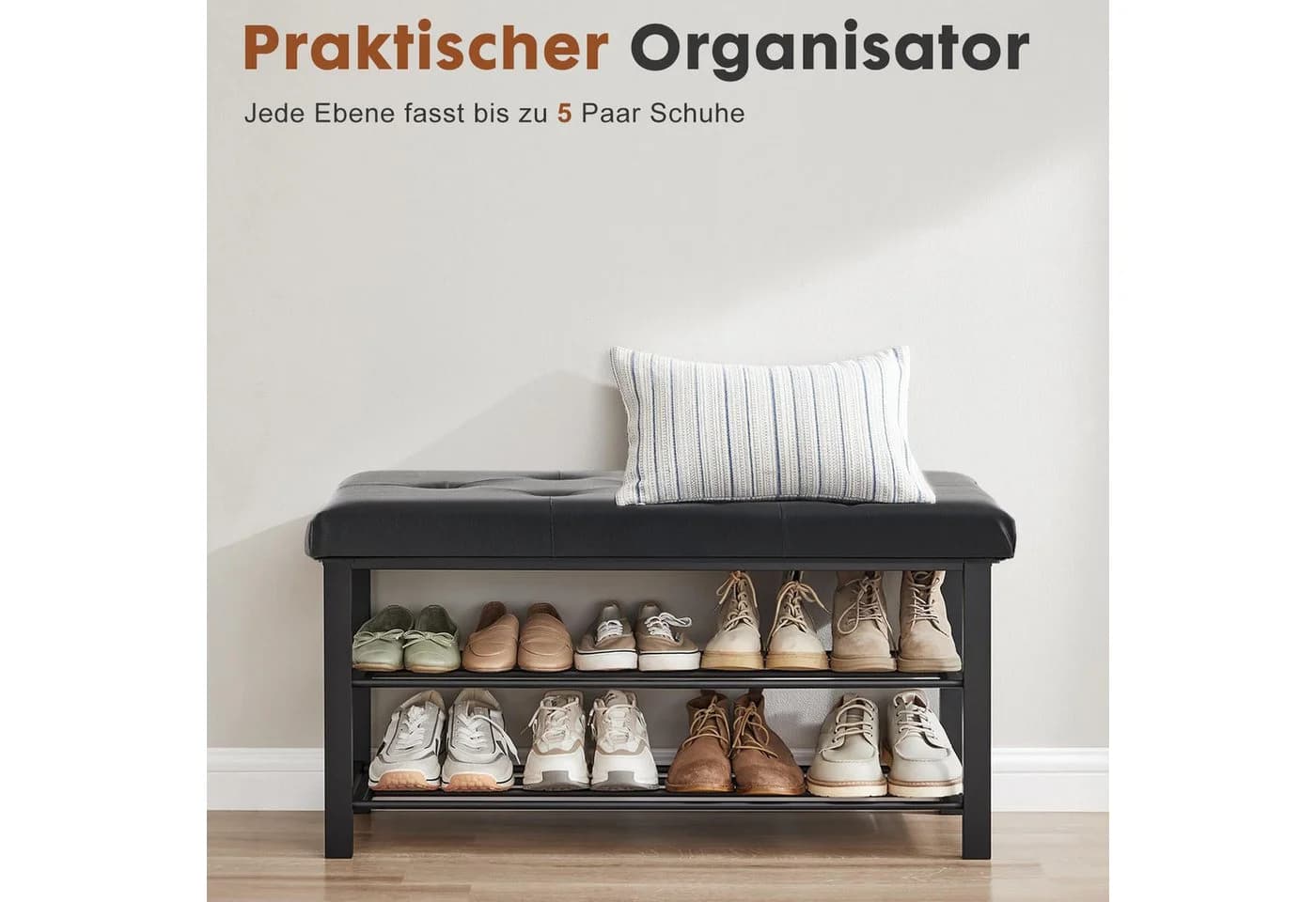 ANYSUN Schuhbank mit Sitzkissen, Schuhregal mit 3 Ebenen, aus Metall und Kunstleder - Bild 4