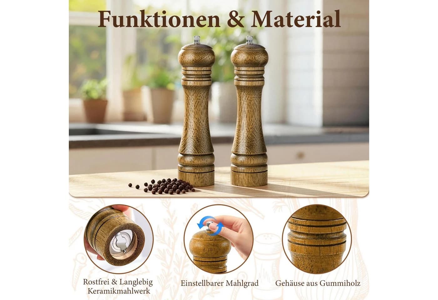 ANYSUN Salz- und Pfeffermühle Set aus Holz mit Keramikmahlwerk und Ständer - Bild 3