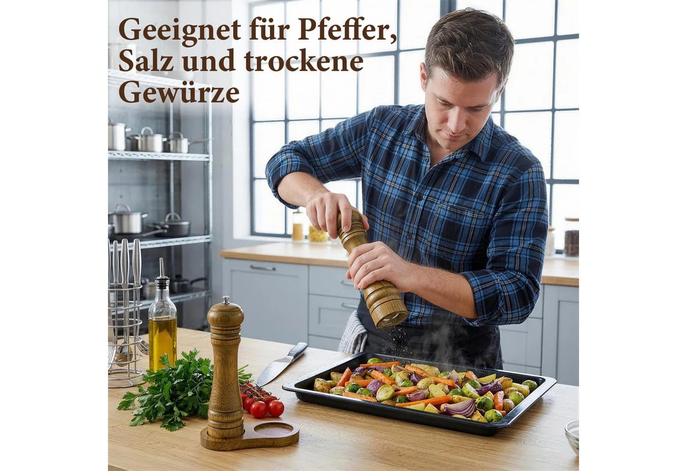 ANYSUN Salz- und Pfeffermühle Set aus Holz mit Keramikmahlwerk und Ständer - Bild 5