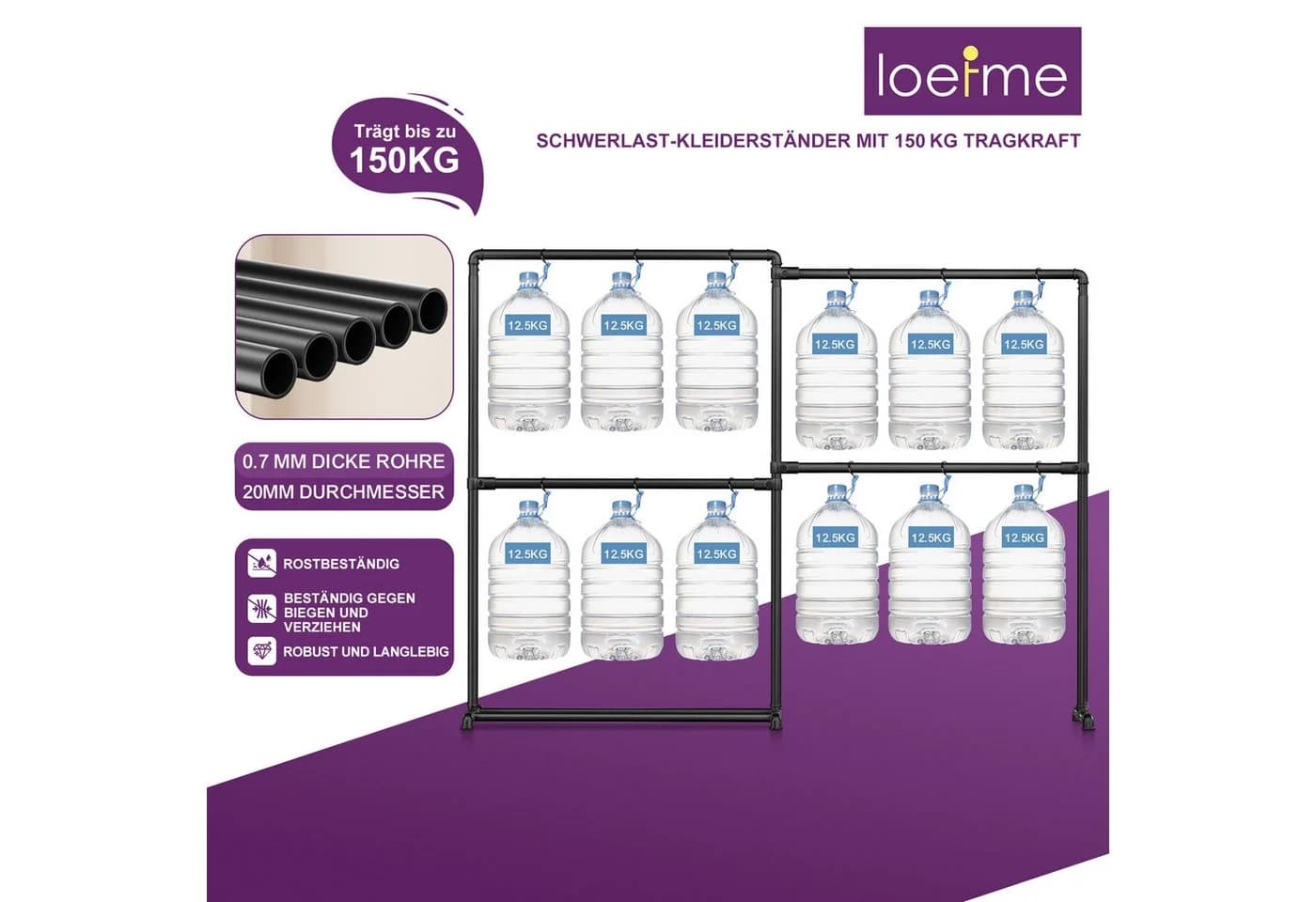 loefme Kleiderständer 150 kg Tragkraft 170 cm Metall Schwarz - Bild 3