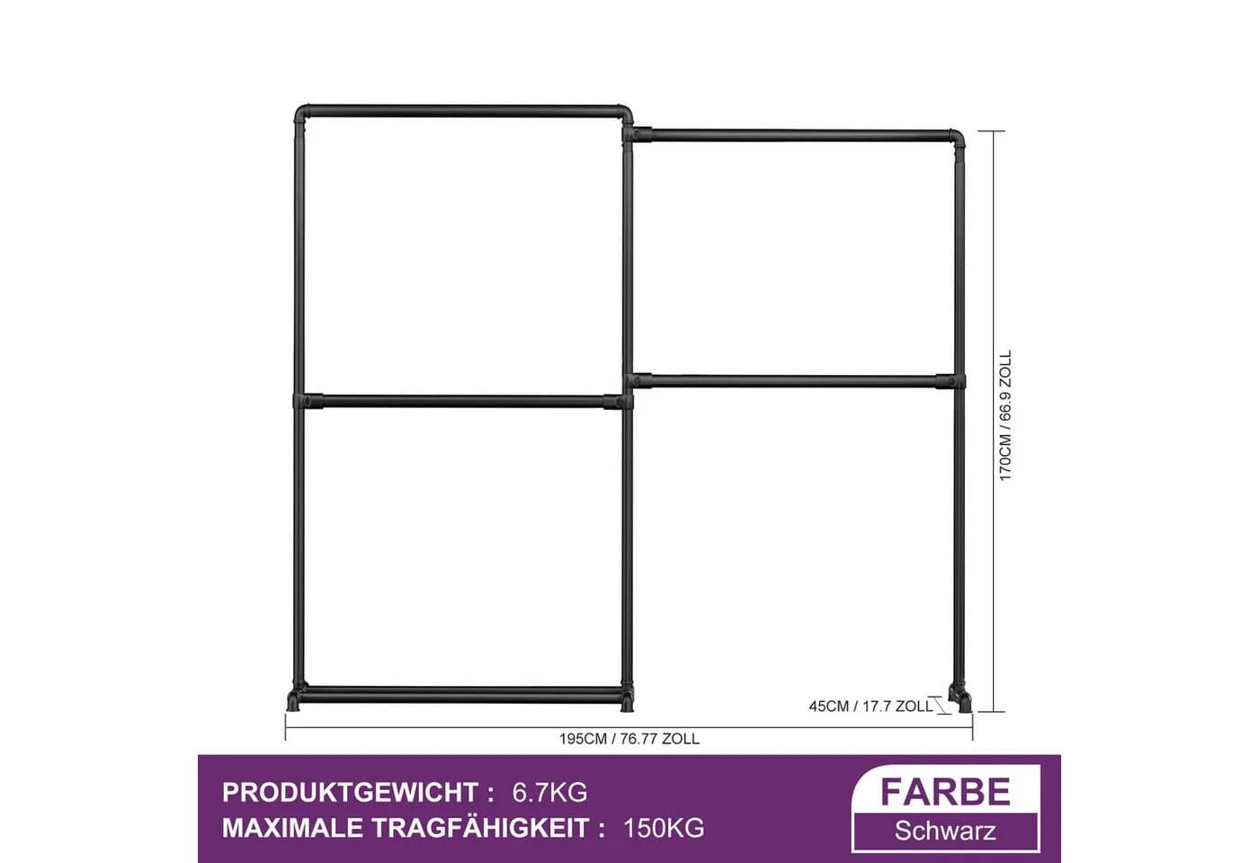 loefme Kleiderständer 150 kg Tragkraft 170 cm Metall Schwarz - Bild 4