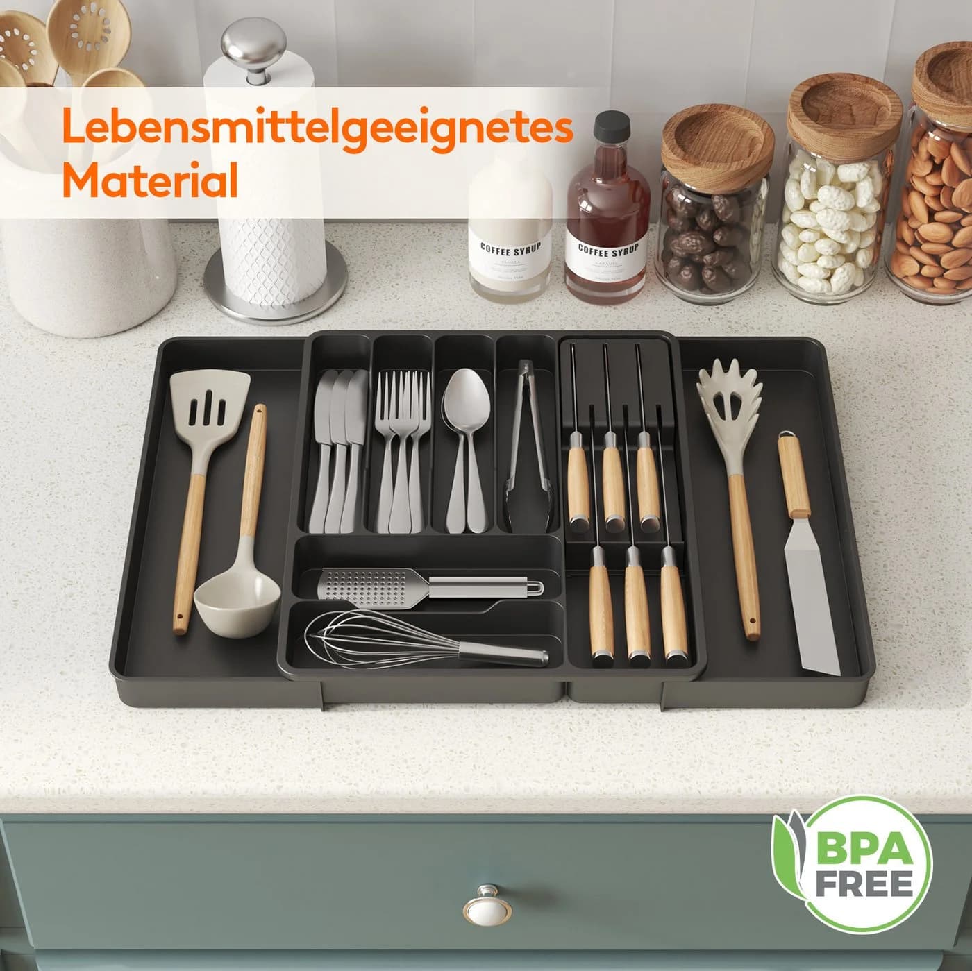 Lifewit Besteckeinsatz Erweiterbarer Besteckkasten mit herausnehmbarem Messerblock (2 St) Schwarz - Bild 5