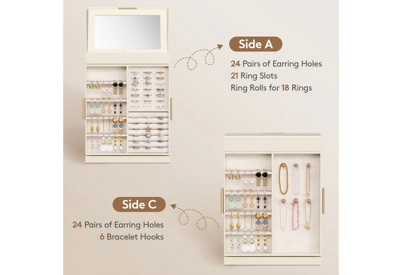 Lifewit Schmuckschatulle Beige Drehbarer Spiegel - Bild 4