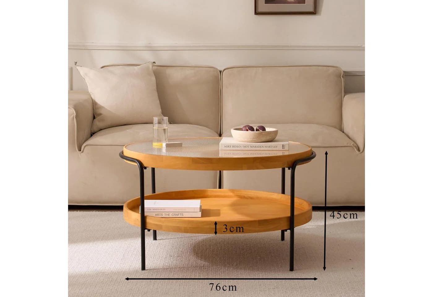 Cagnolier Runder Couchtisch mit Glasplatte und Stauraum