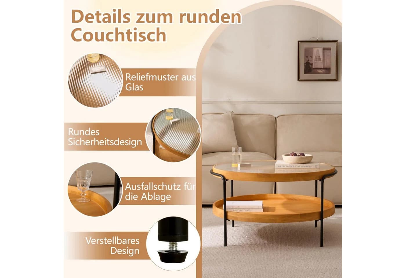 Cagnolier Runder Couchtisch mit Glasplatte und Stauraum - Bild 5