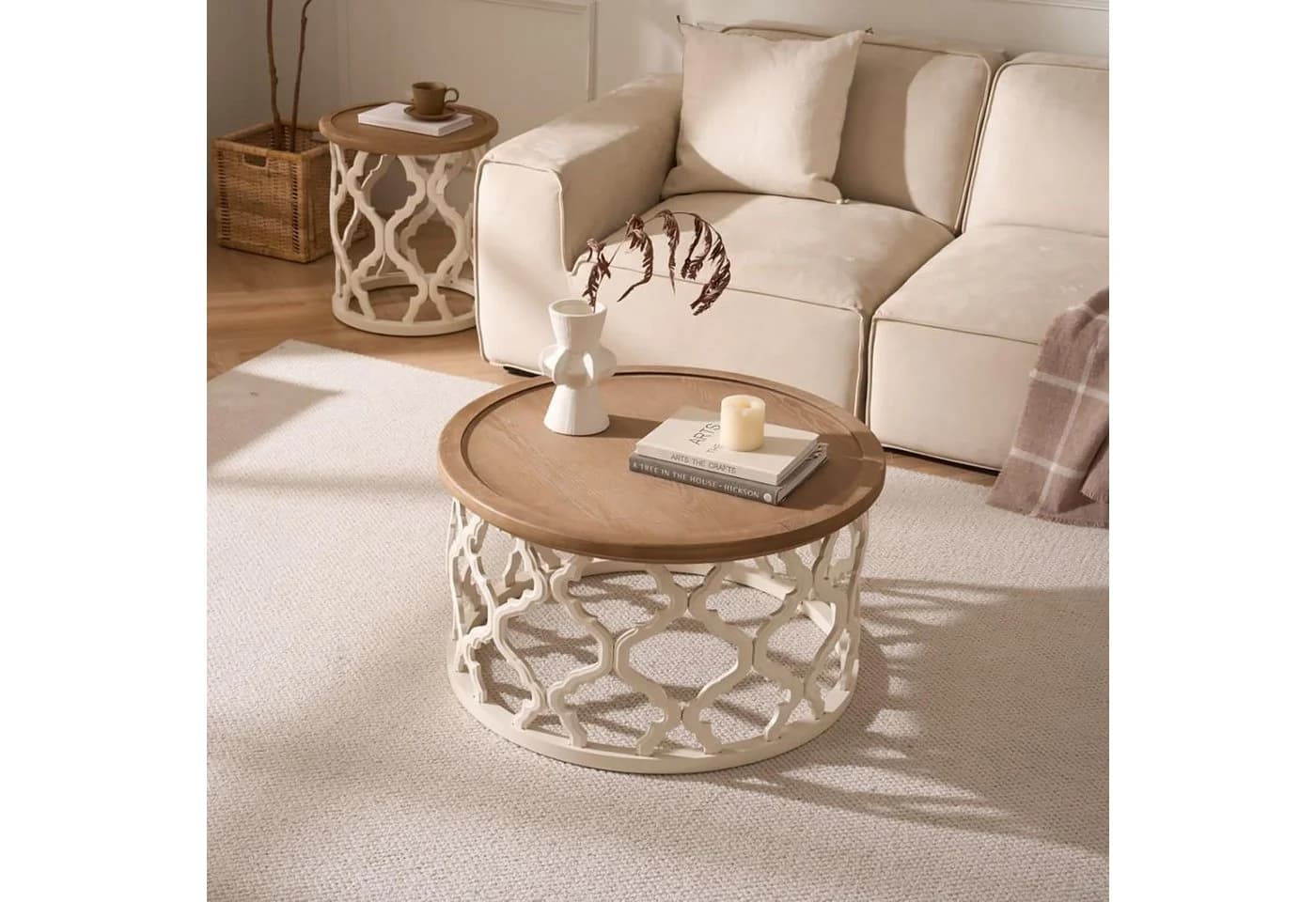 Cagnolier Couchtisch Rund Retro Weiß Braun Massivholz - Bild 2