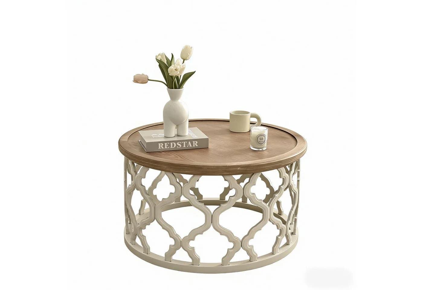 Cagnolier Couchtisch Rund Retro Weiß Braun Massivholz - Bild 3