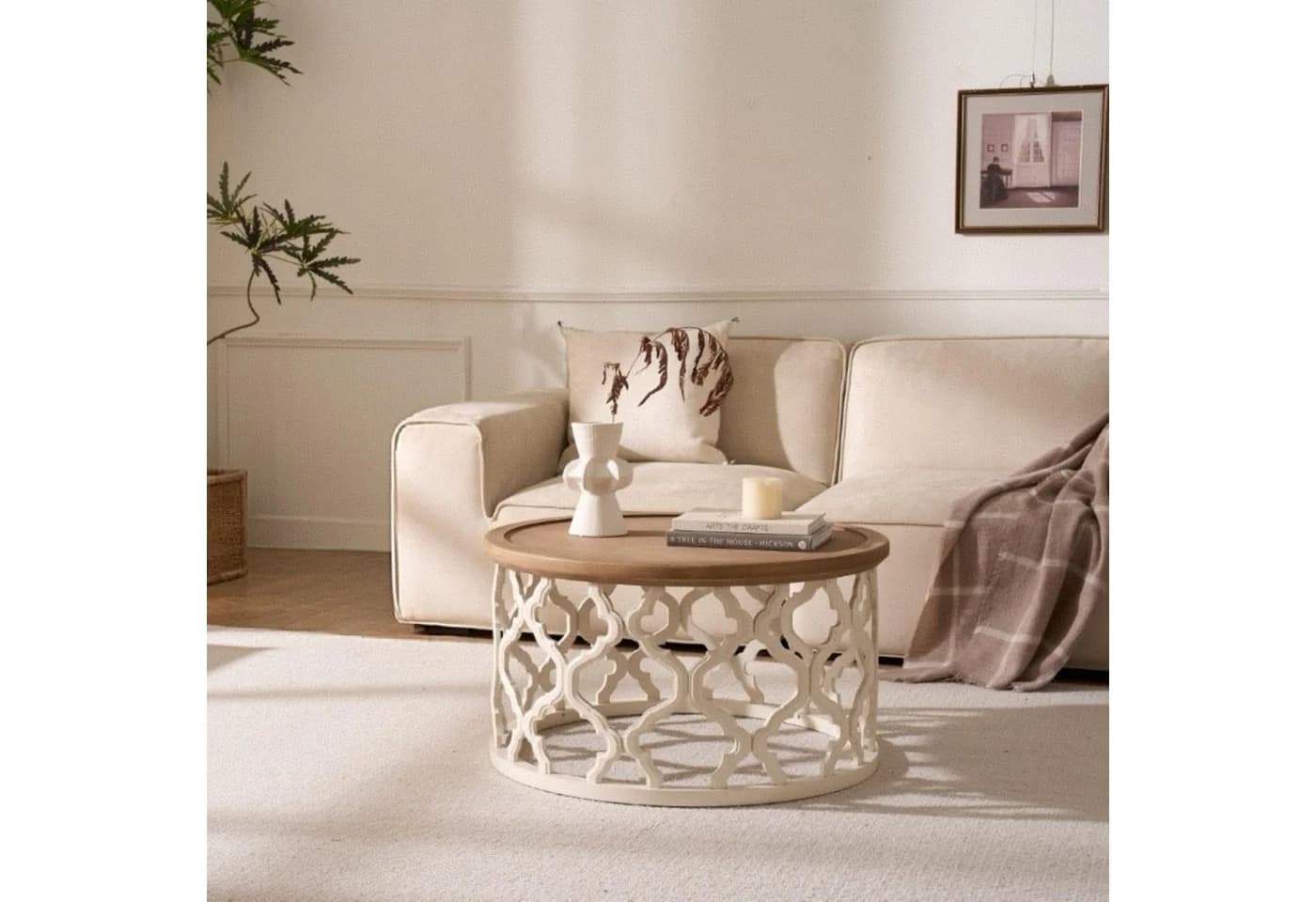Cagnolier Couchtisch Rund Retro Weiß Braun Massivholz - Bild 5