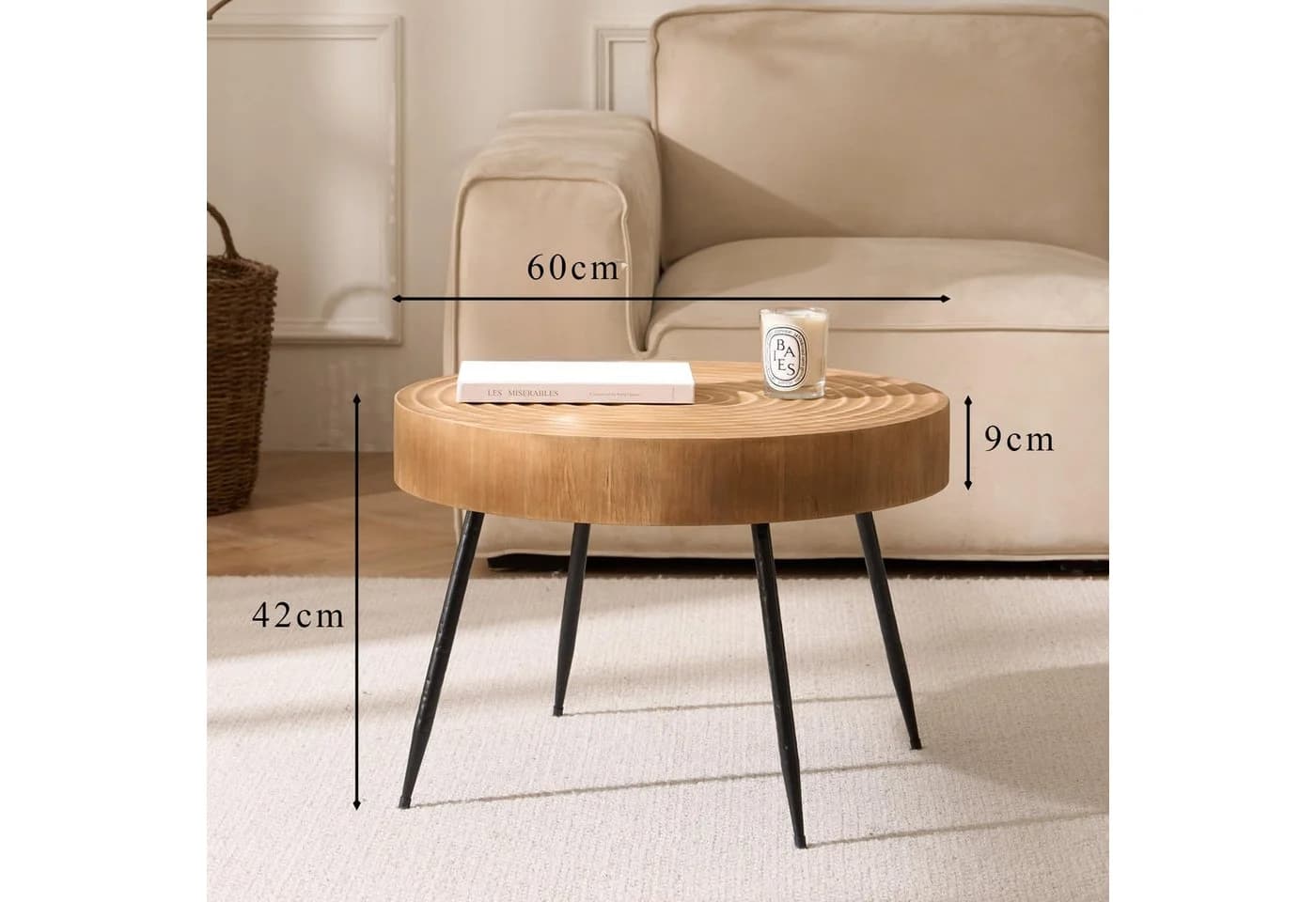 Cagnolier Couchtisch Rund Kiefernholz Schwarz Metallbeine