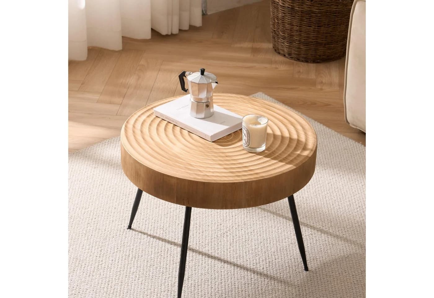 Cagnolier Couchtisch Rund Kiefernholz Schwarz Metallbeine - Bild 4