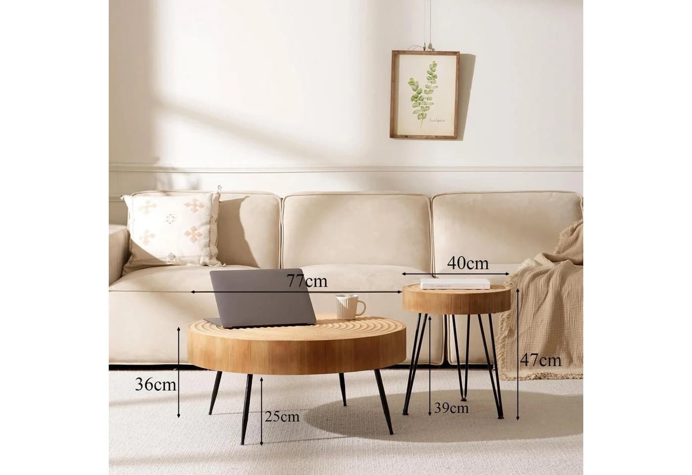 Cagnolier Couchtisch 2er Set Rund Holz Schwarze Metallbeine