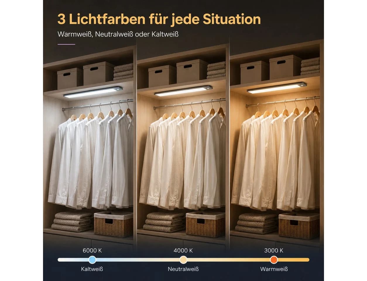 Fanttik LED Unterbauleuchte Schrankbeleuchtung Kabellos mit Bewegungsmelder und Lichtsensor, 23cm LED Leiste mit 900 mAh Wiederaufladbarer Akku Farbwechsler, Warmweiß, Kaltweiß, Neutralweiß, 6000K 4000K 3000K Dimmbar Nachtlicht für Treppenbeleuchtung und Kueche - Bild 4
