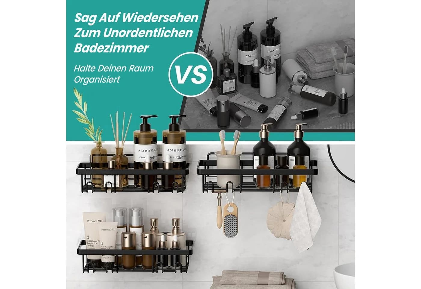 Fanttik Duschregal-Set 3-tlg. Schwarz Ohne Bohren Badezimmer Organizer