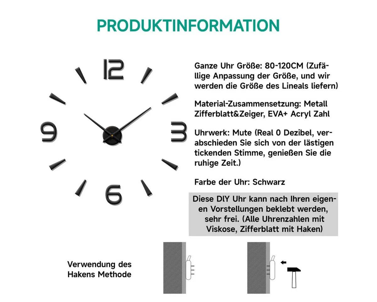 MOPUEA DIY Wanduhr 80-120cm 3D Acryl Spiegel Lautlos