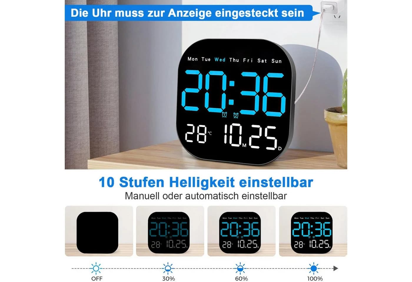 MOPUEA Digitale LED-Wanduhr mit Fernbedienung, 7-Zoll-Display, Timer & Countdown
