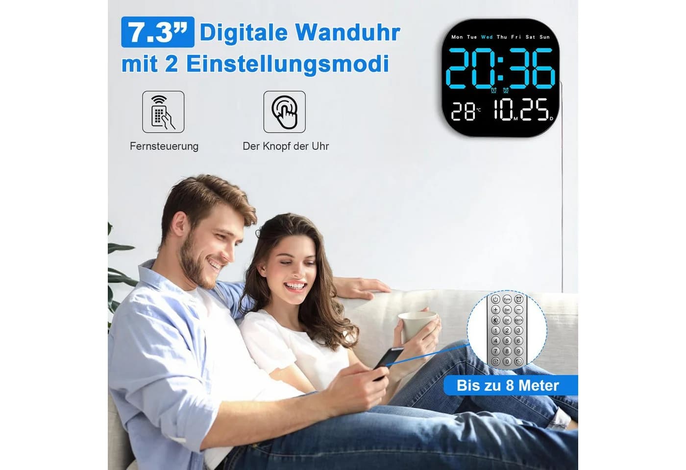 MOPUEA Digitale LED-Wanduhr mit Fernbedienung, 7-Zoll-Display, Timer & Countdown - Bild 3