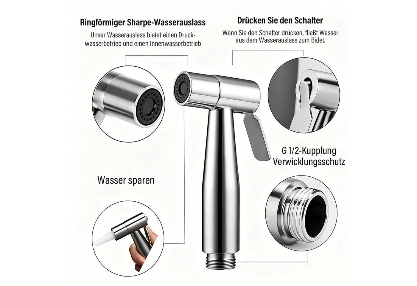 MOPUEA Bidetarmatur 3er-Set Edelstahl Handbrause mit Halter