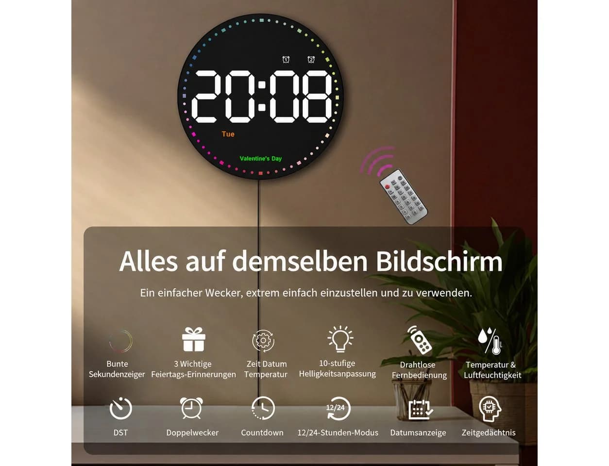 MOPUEA Elektronische Wanduhr mit Dekobeleuchtung und Thermometer