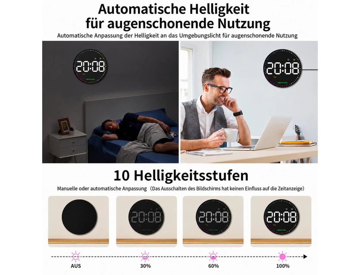 MOPUEA Elektronische Wanduhr mit Dekobeleuchtung und Thermometer - Bild 3