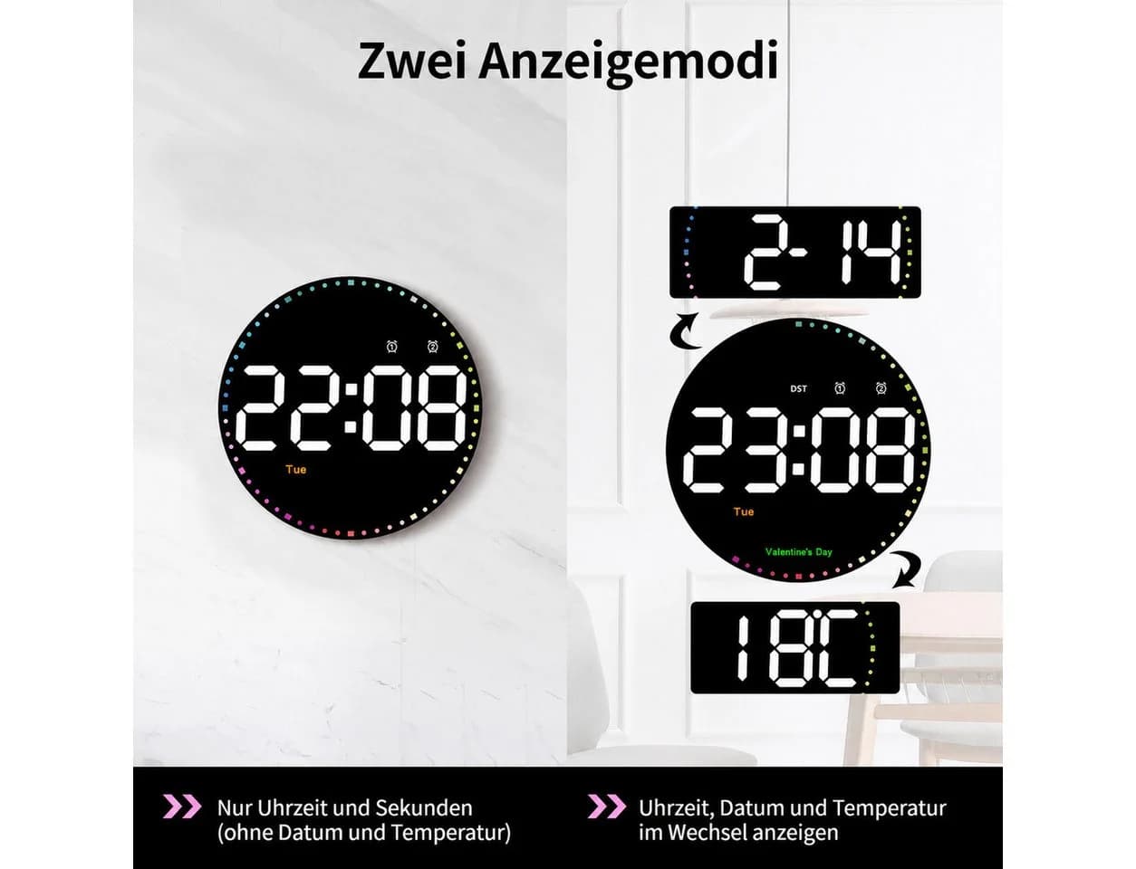 MOPUEA Elektronische Wanduhr mit Dekobeleuchtung und Thermometer - Bild 4