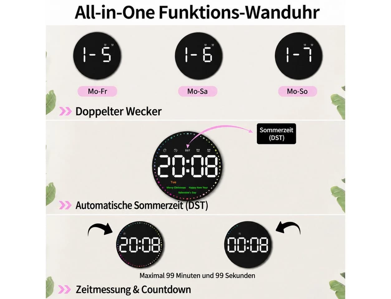 MOPUEA Elektronische Wanduhr mit Dekobeleuchtung und Thermometer - Bild 5