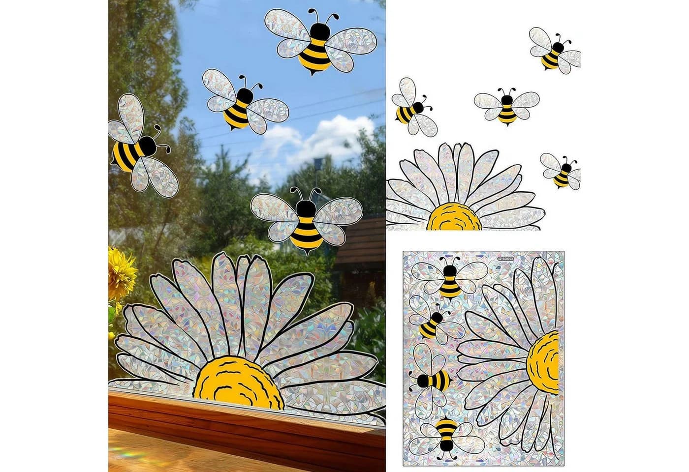 MOPUEA Fenstersticker Bienen Blumen Bunt Doppelseitig Wiederverwendbar