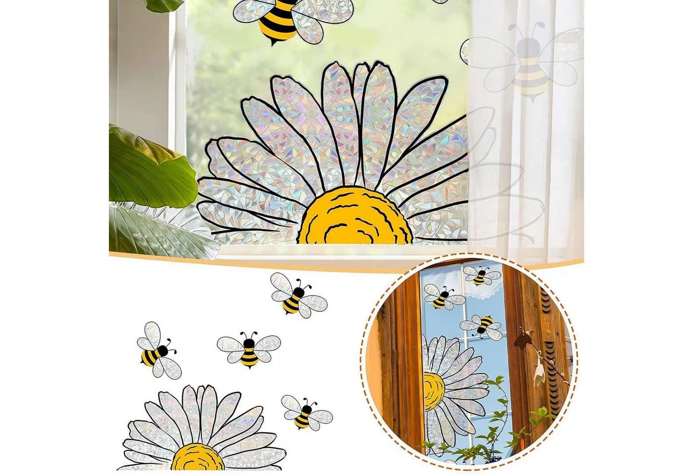 MOPUEA Fenstersticker Bienen Blumen Bunt Doppelseitig Wiederverwendbar - Bild 2