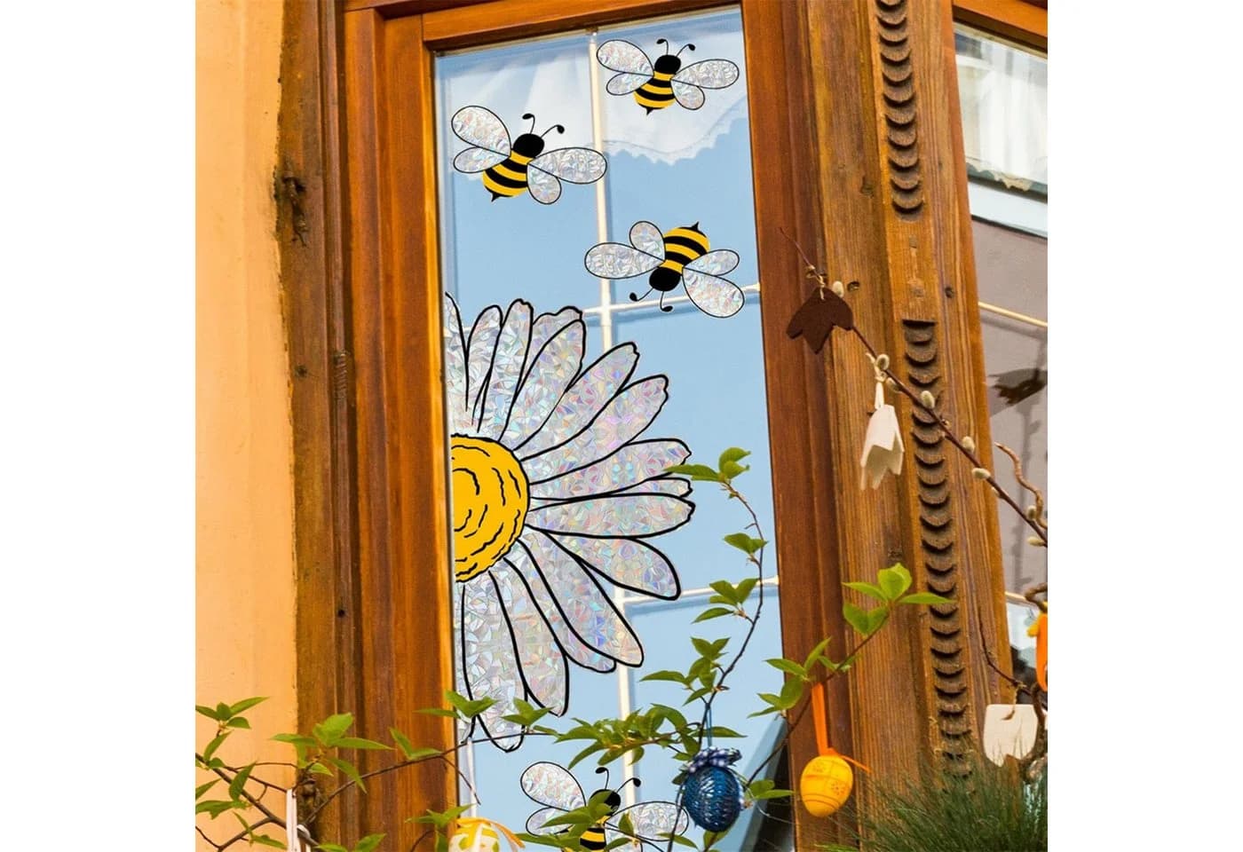 MOPUEA Fenstersticker Bienen Blumen Bunt Doppelseitig Wiederverwendbar - Bild 4