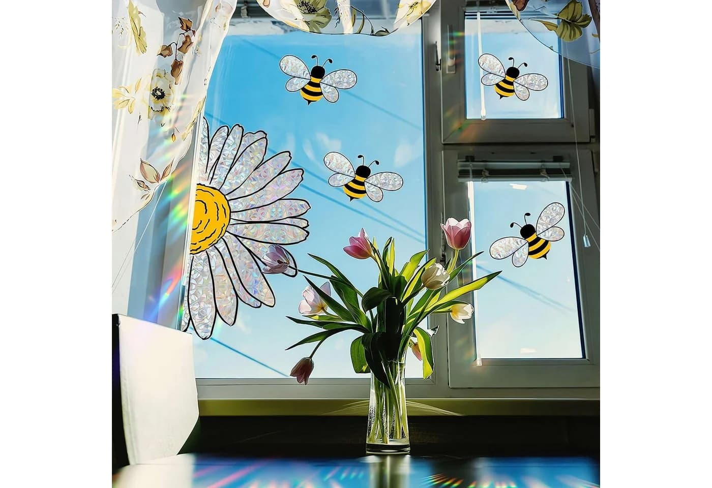 MOPUEA Fenstersticker Bienen Blumen Bunt Doppelseitig Wiederverwendbar - Bild 5