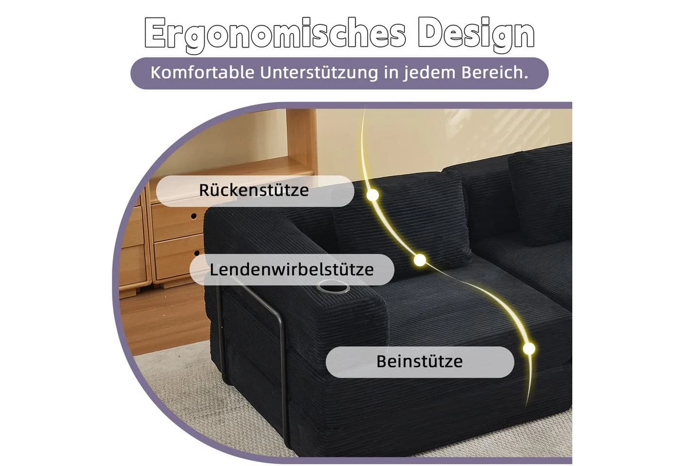 Leawin 2-Sitzer Schlafsofa Schwarz Cord mit Schlaffunktion - Bild 4