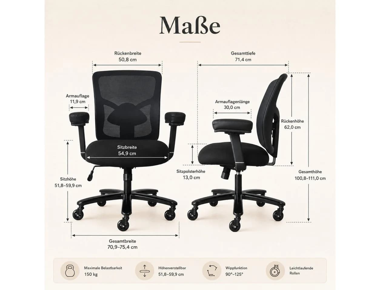 Leawin Bürostuhl ergonomisch 200kg Belastbarkeit Schwerlaststuhl Schwarz