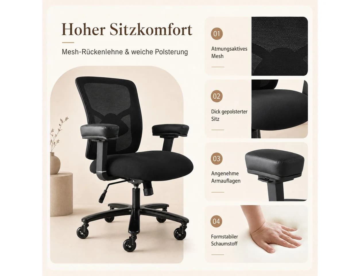 Leawin Bürostuhl ergonomisch 200kg Belastbarkeit Schwerlaststuhl Schwarz - Bild 5