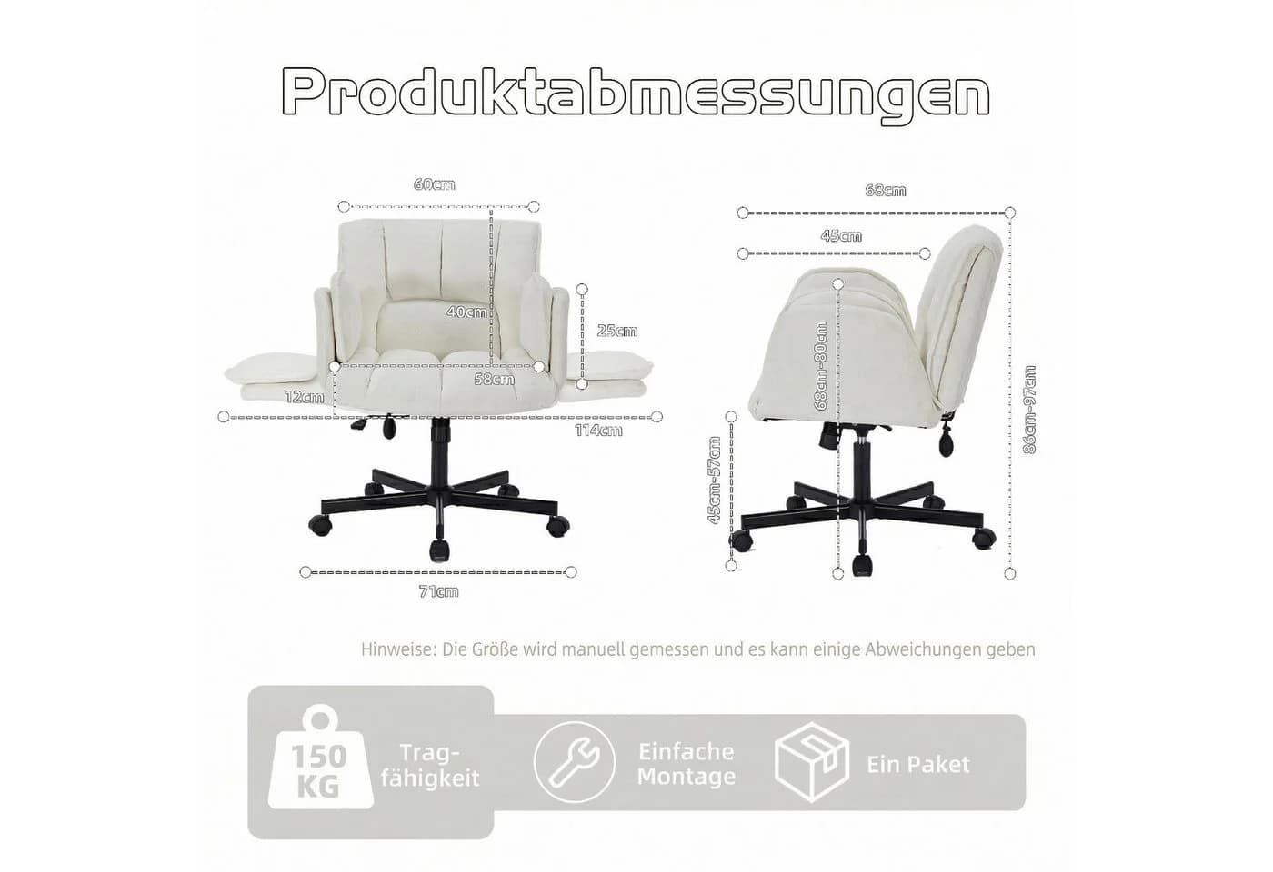 Leawin Bürostuhl Beige mit klappbaren Armlehnen und Lordosenstütze - Bild 3
