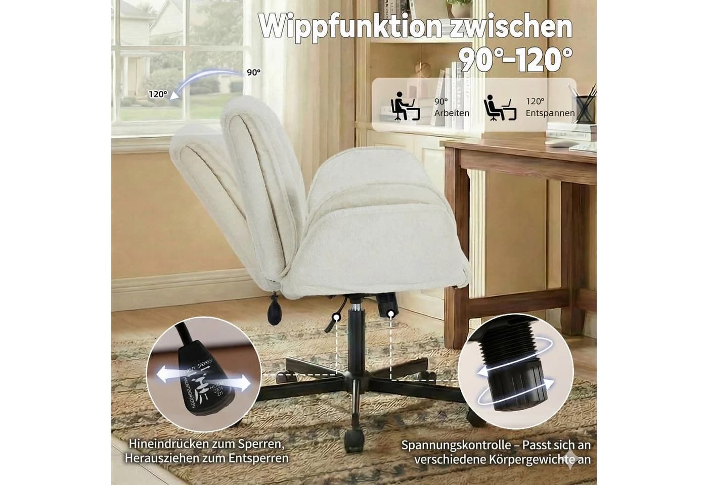 Leawin Bürostuhl Beige mit klappbaren Armlehnen und Lordosenstütze - Bild 5