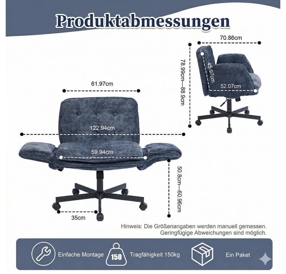 Leawin Bürostuhl ergonomisch mit 5-fach verstellbaren Armlehnen Chenille Blau - Bild 3