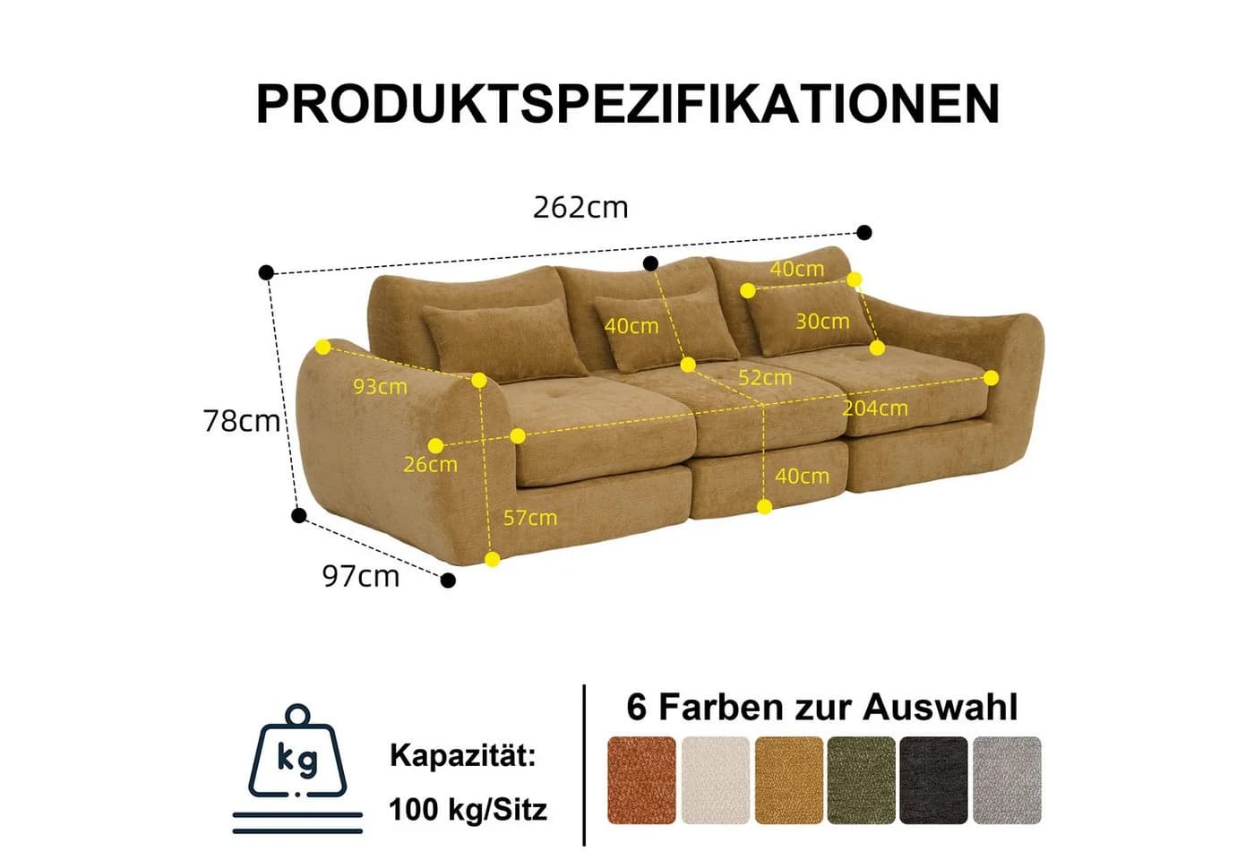 Leawin Modulares Schlafsofa L-Form 3-Sitzer Gelb mit Schlaffunktion - Bild 3