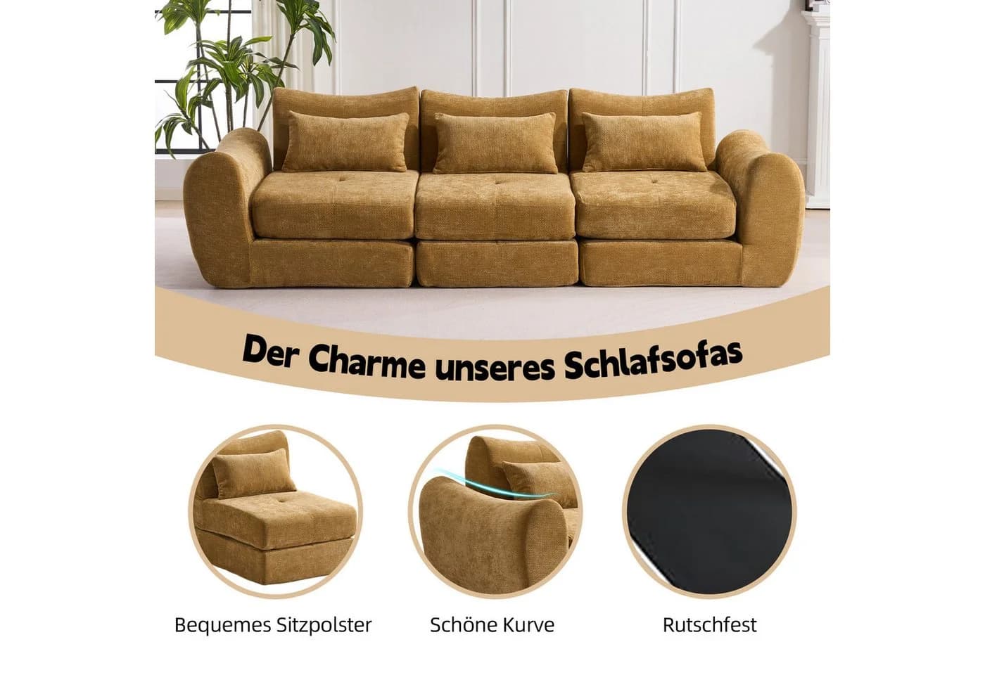 Leawin Modulares Schlafsofa L-Form 3-Sitzer Gelb mit Schlaffunktion - Bild 4