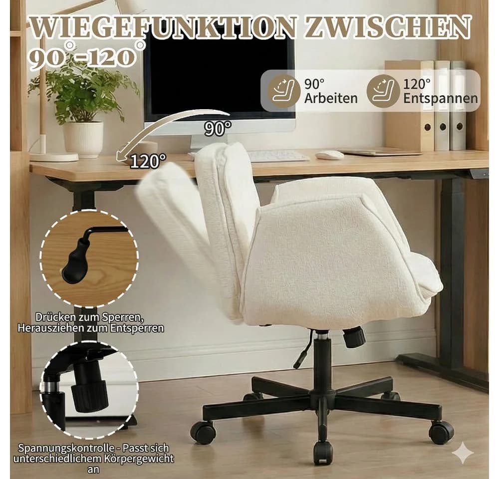 Leawin Ergonomischer Chenille Drehstuhl Weiß mit verstellbaren Armlehnen - Bild 5