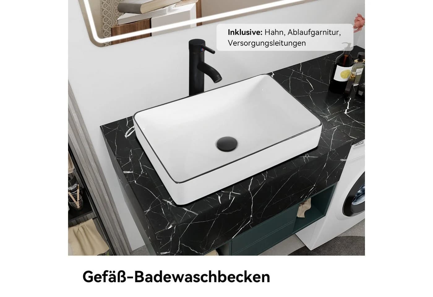 Puluomis Aufsatzwaschbecken Rechteckig Keramik Weiß/Schwarz