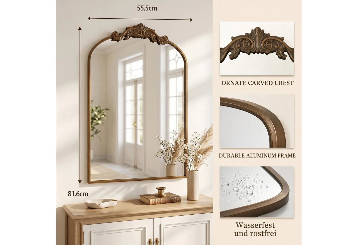 ANTOK Wandspiegel Rundbogen Vintage Barockstil Schwarz Metallrahmen