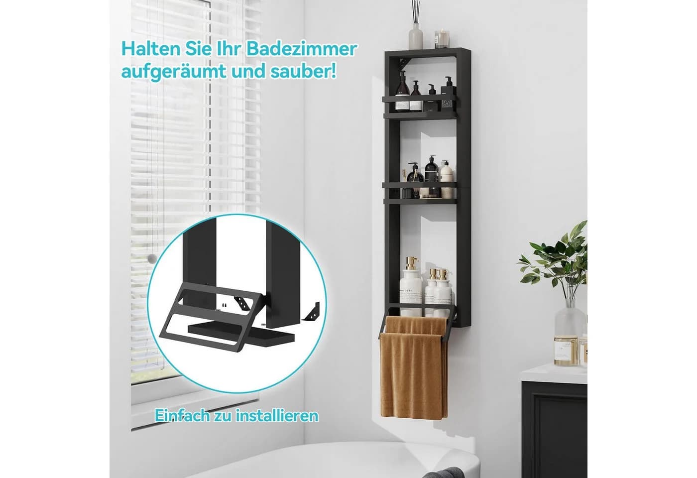 Puluomis Handtuchregal Handtuchhalter Handtuchstange Wandregal Badezimmer Schwarz - Bild 5