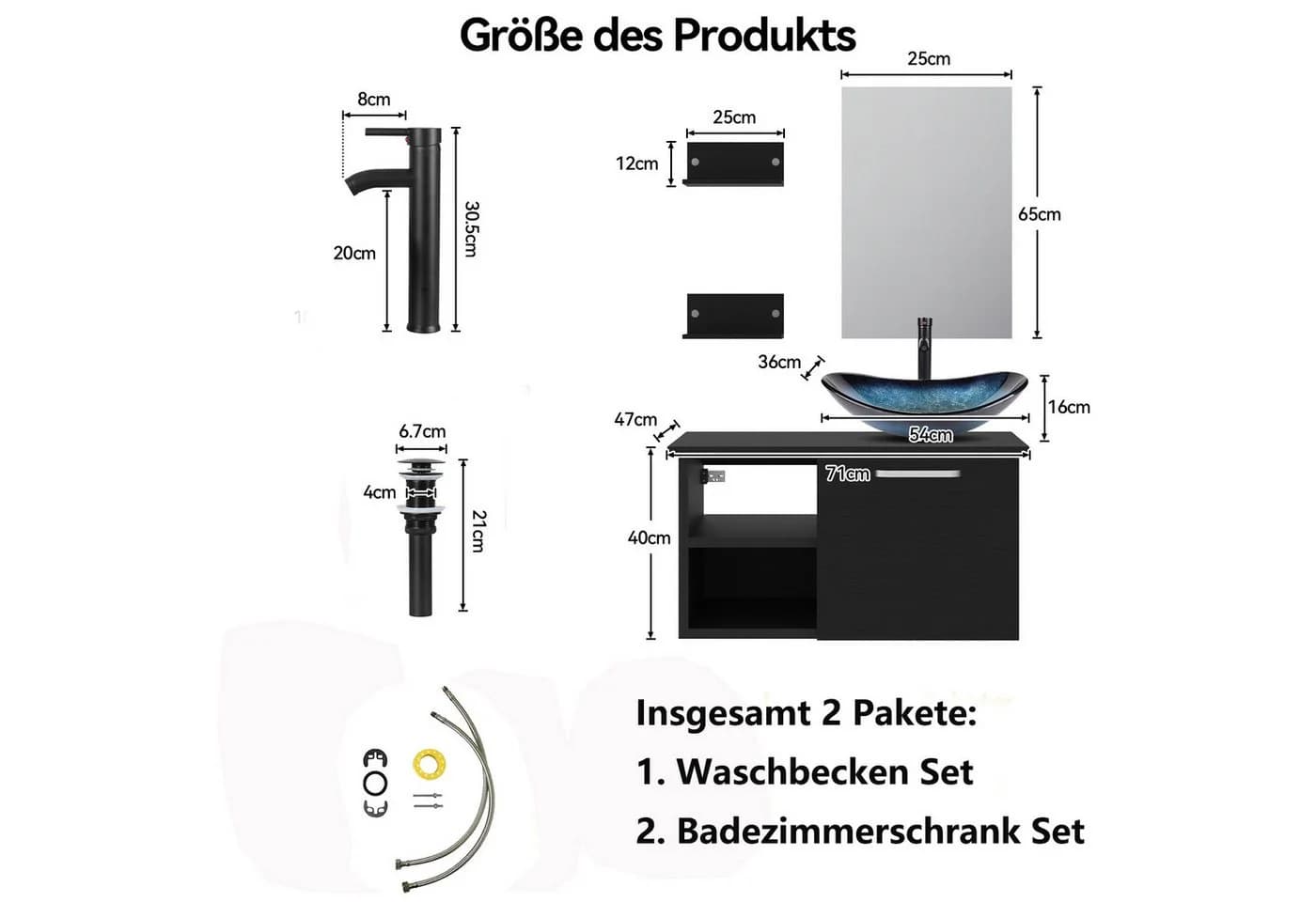 Puluomis Badezimmer-Set mit Spiegel Badezimmerschrank 2 Regale Schwarzblau - Bild 4