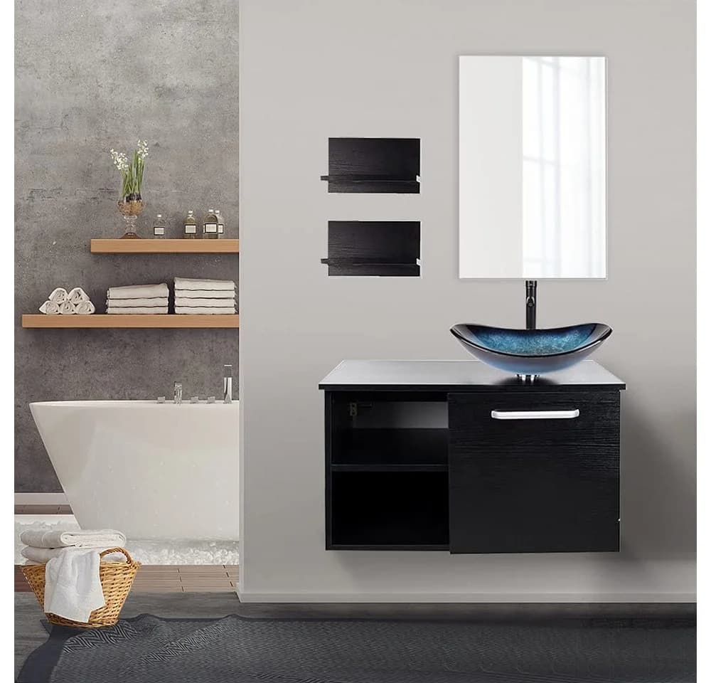 Puluomis Badezimmer-Set mit Spiegel Badezimmerschrank 2 Regale Schwarzblau - Bild 5